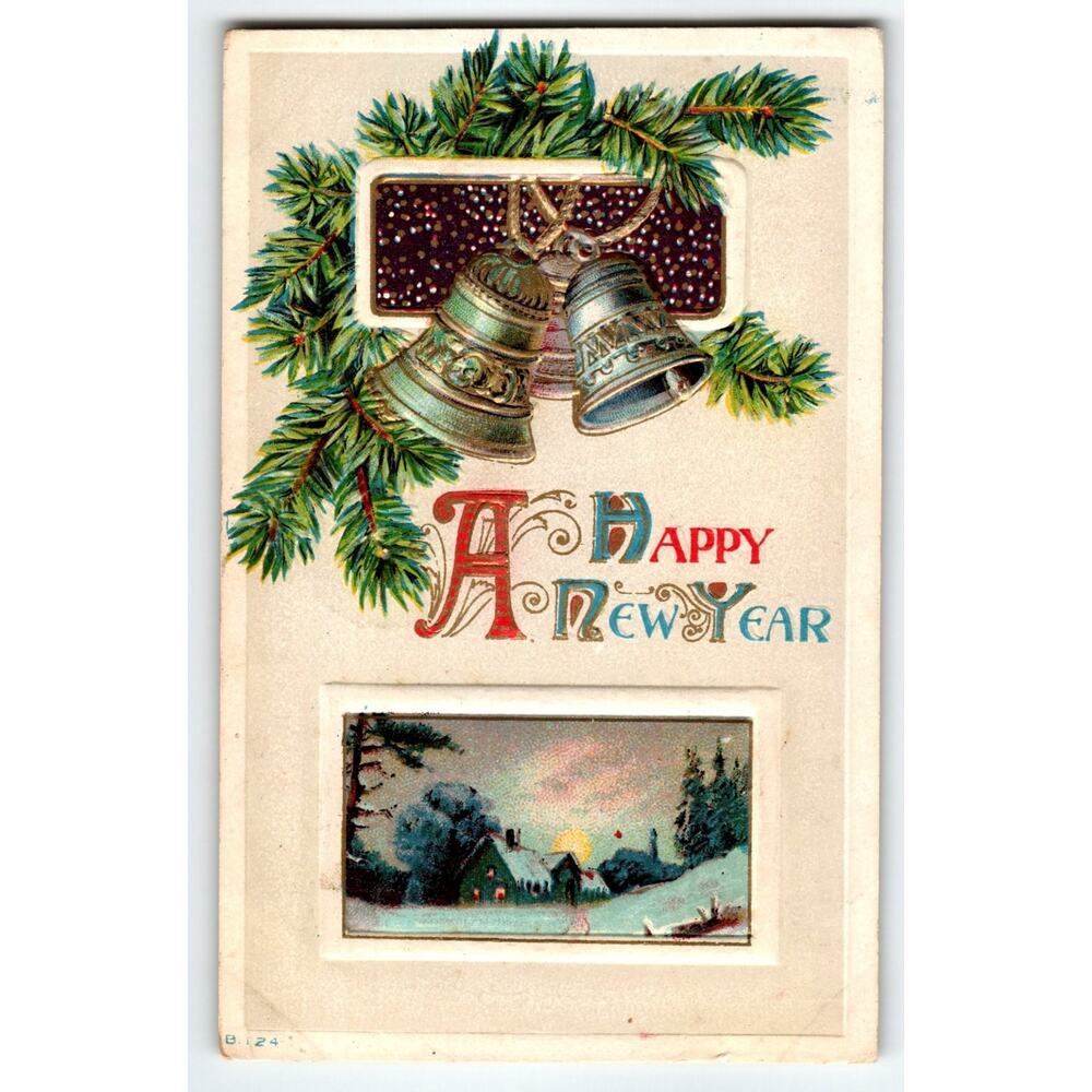 Vintage 1912 Embossed Happy New Year Postcard with Bells & Snow Scene